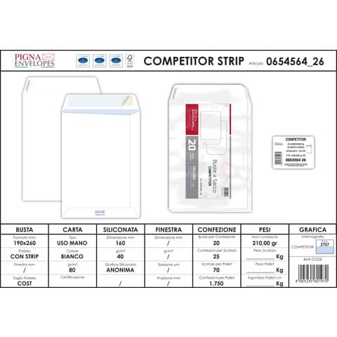 Buste a sacco Pigna Envelopes Competitor Strip 80 g/m² 190x260 mm bianco Conf. da 20 buste - 0654564